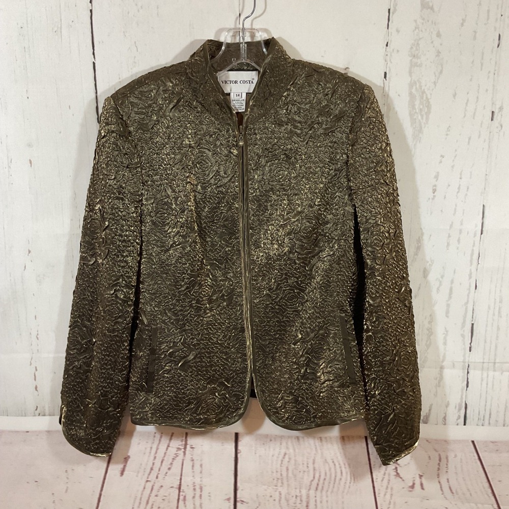 VTG Victor Costa Jacket Womens 14 Green Crinkle Textured Metallic Evening Party